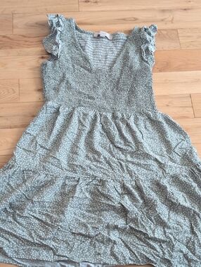 LOFT Sage Green Polka Dot Smocked V-Neck Dress